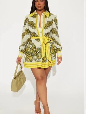 Fashion Nova Yellow Floral Belted Mini Shirt Dress